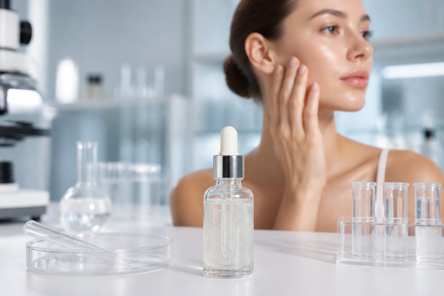 A serum dropper bottle and laboratory supplies sit in front of a person with healthy skin in a modern skincare laboratory.