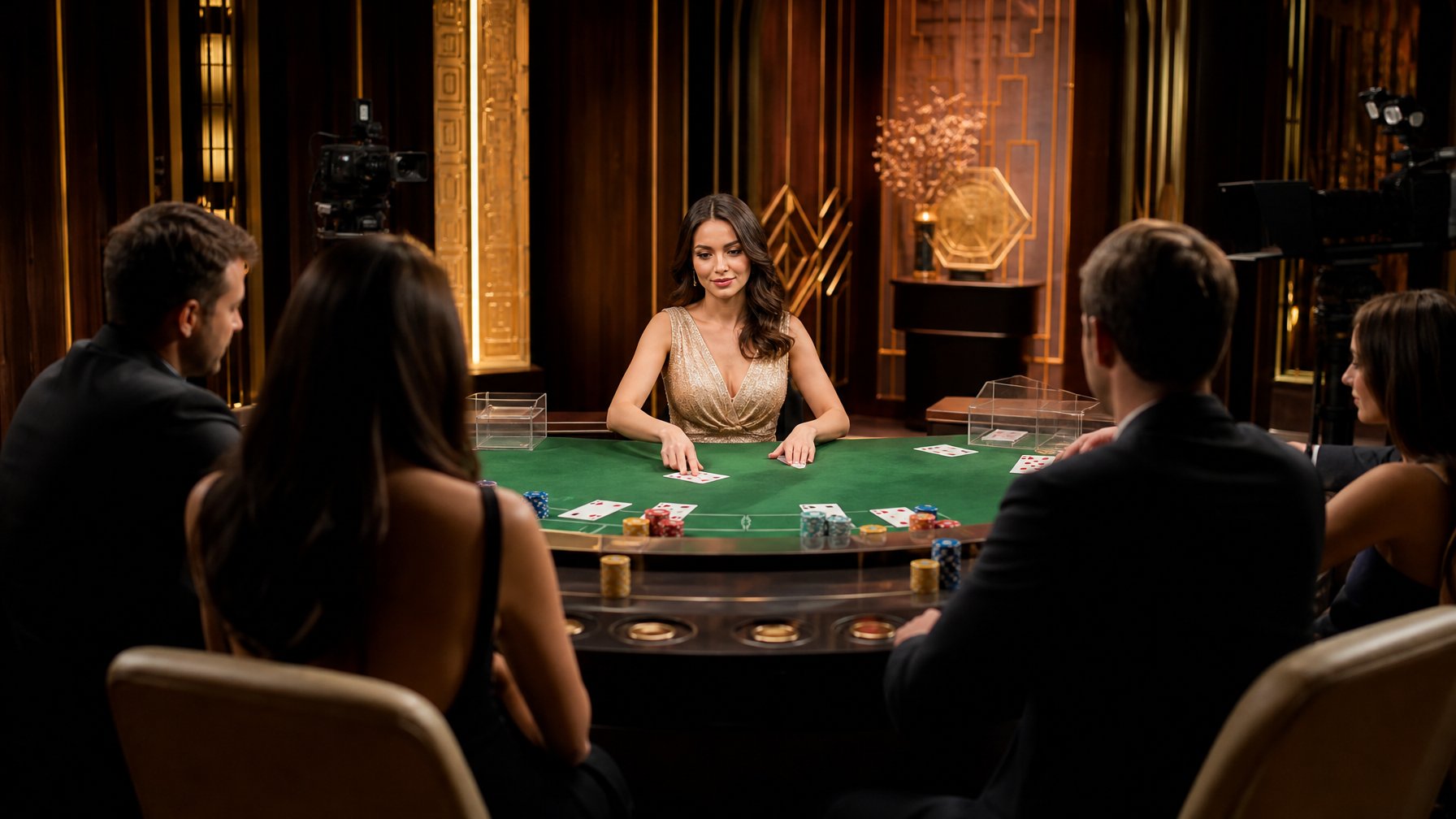 Dealer profesional memimpin permainan baccarat langsung di meja kasino mewah dengan beberapa pemain yang mengamati.