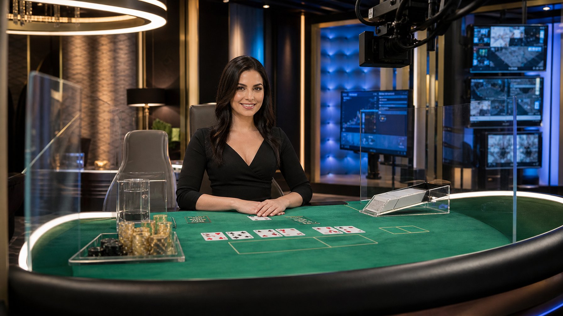 Dealer profesional menyajikan permainan baccarat di meja kasino modern dengan kartu dan chip.