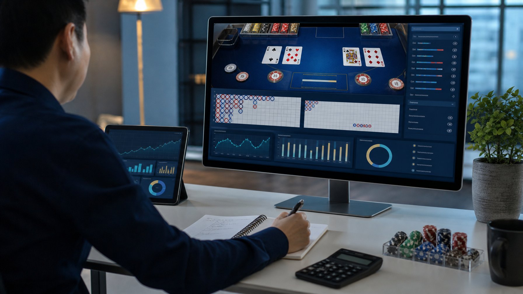 Seseorang menganalisis statistik permainan baccarat daring di meja kerja dengan komputer, tablet, kalkulator, dan catatan.