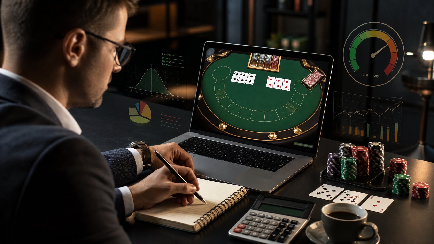 Pemain meninjau meja baccarat digital dengan kartu, chip kasino, dan catatan strategi di meja kerja.
