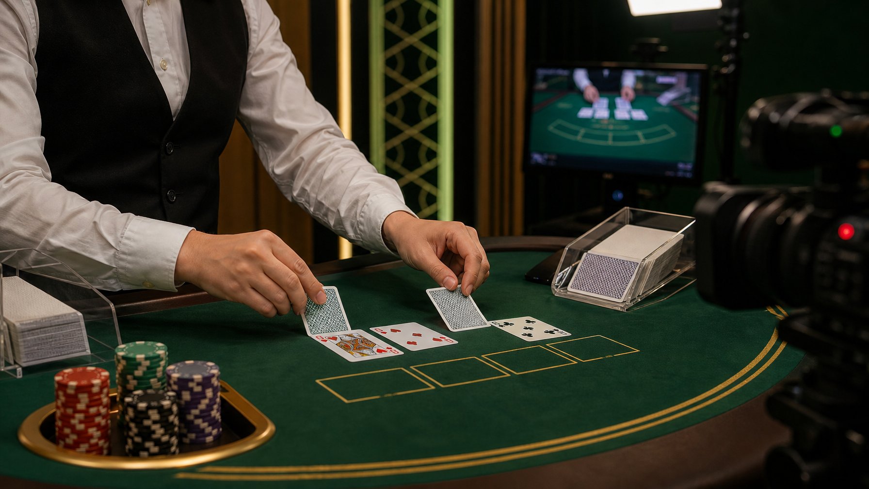 Meja baccarat elegan dengan kartu, chip kasino, dan peralatan siaran di studio modern.