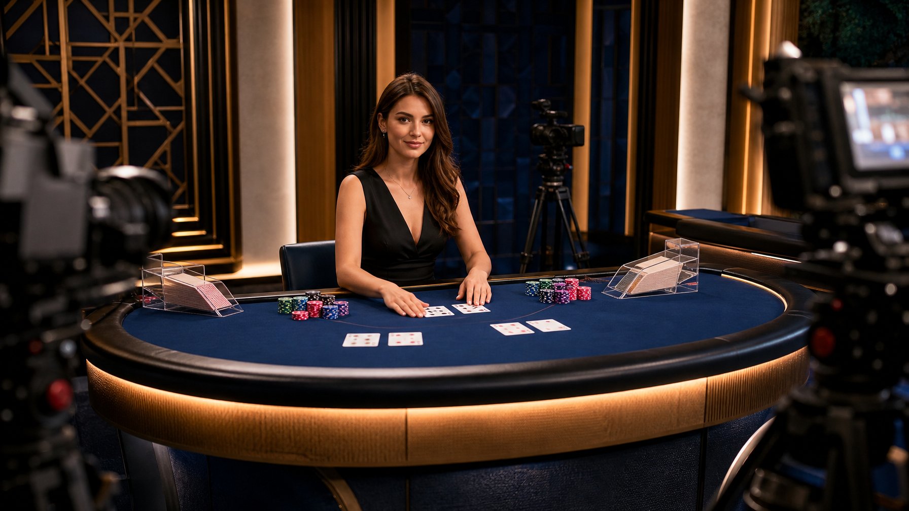 Dealer profesional memandu permainan baccarat di studio siaran dengan meja kartu, chip, dan kamera.
