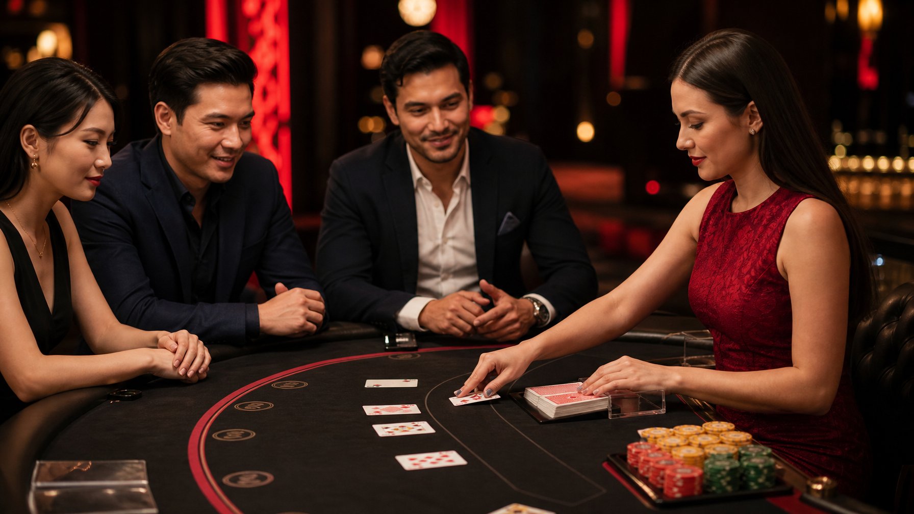 Dealer membagikan kartu baccarat di meja kasino dengan pemain yang memperhatikan.