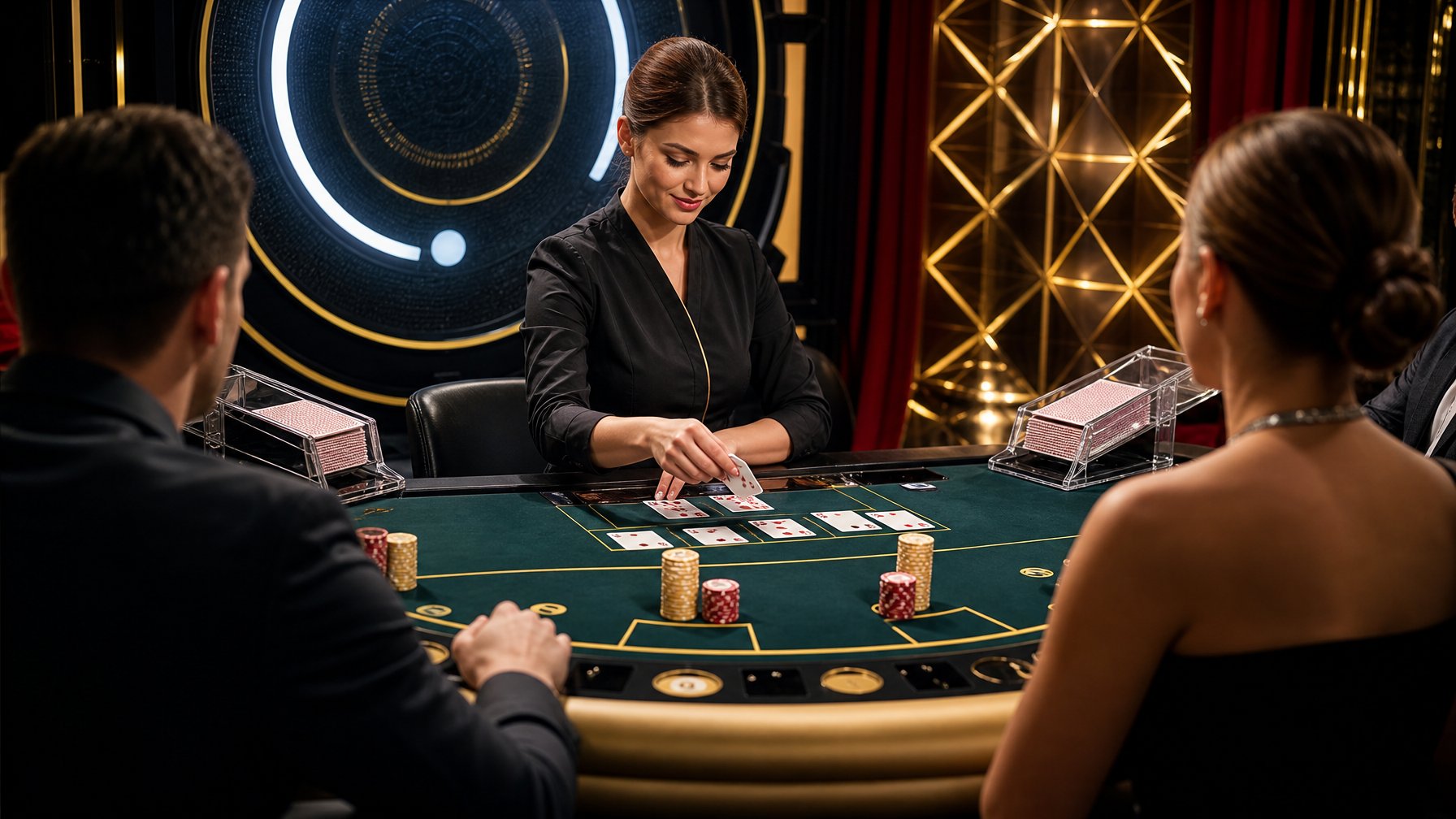 Dealer membagikan kartu di meja Speed Baccarat dengan chip taruhan dan pemain yang memperhatikan permainan.