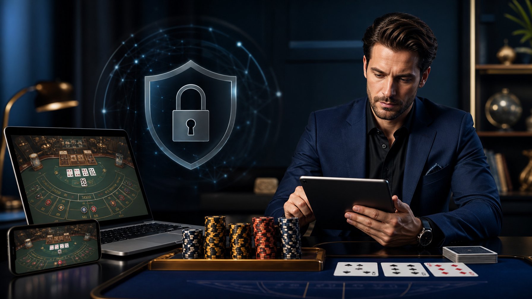 Seorang analis meninjau permainan baccarat digital dengan kartu, chip, dan simbol keamanan di samping laptop dan ponsel.