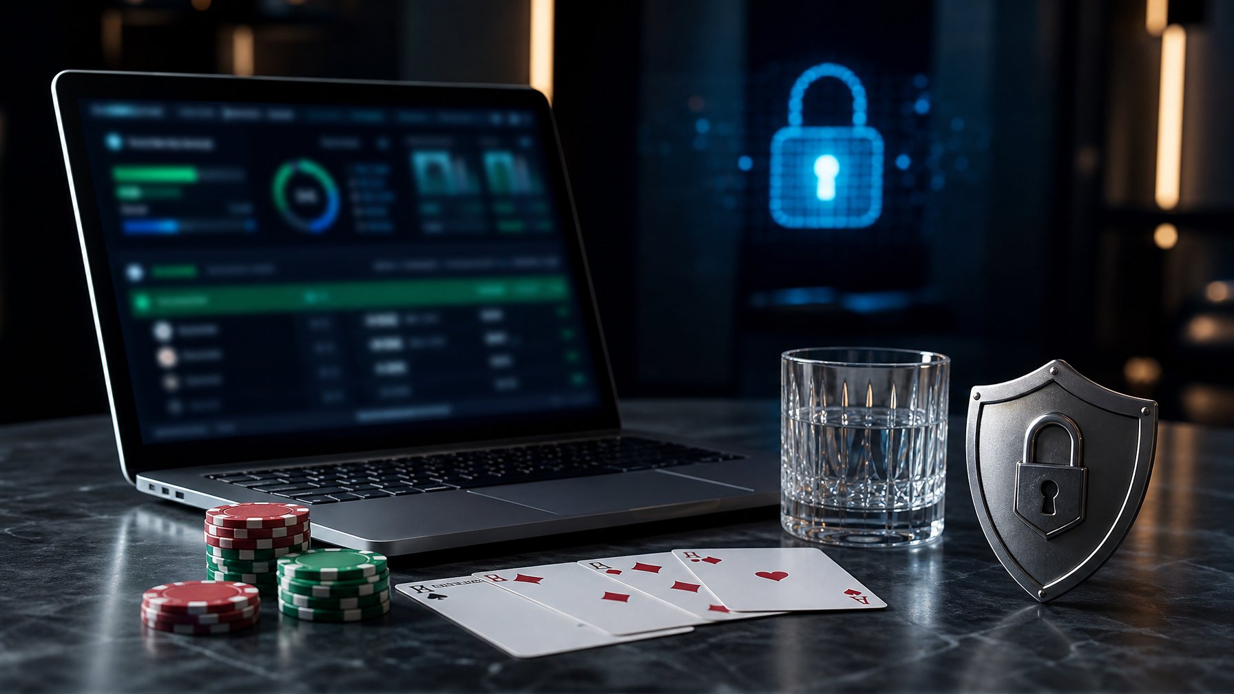 Meja kerja modern dengan laptop, kartu baccarat, keping kasino, dan simbol keamanan.