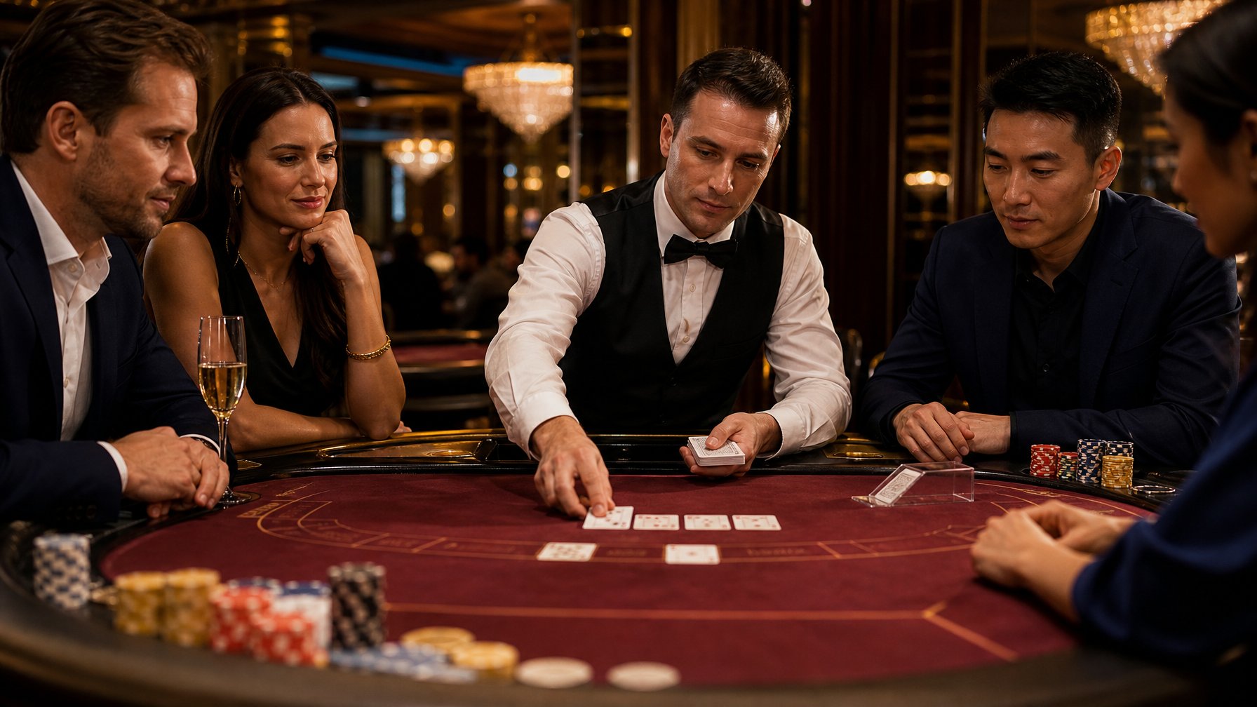 Dealer dan pemain dewasa berada di meja baccarat dalam suasana kasino mewah.