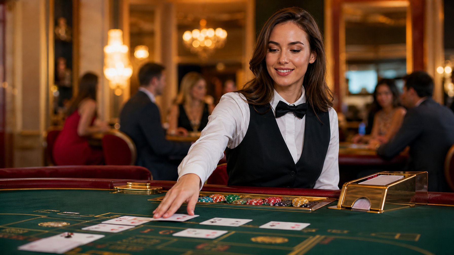 Dealer membagikan kartu di meja baccarat dalam suasana kasino mewah.