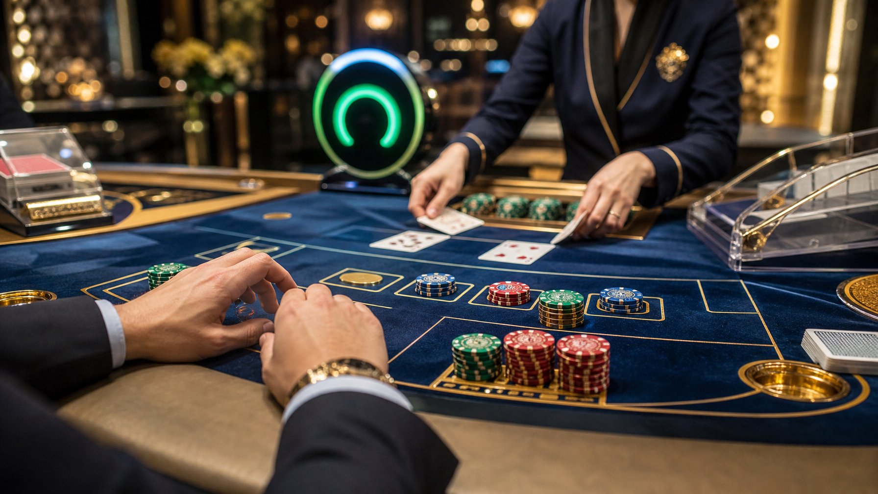 Tangan pemain menata keping taruhan di meja baccarat sementara dealer membagikan kartu.