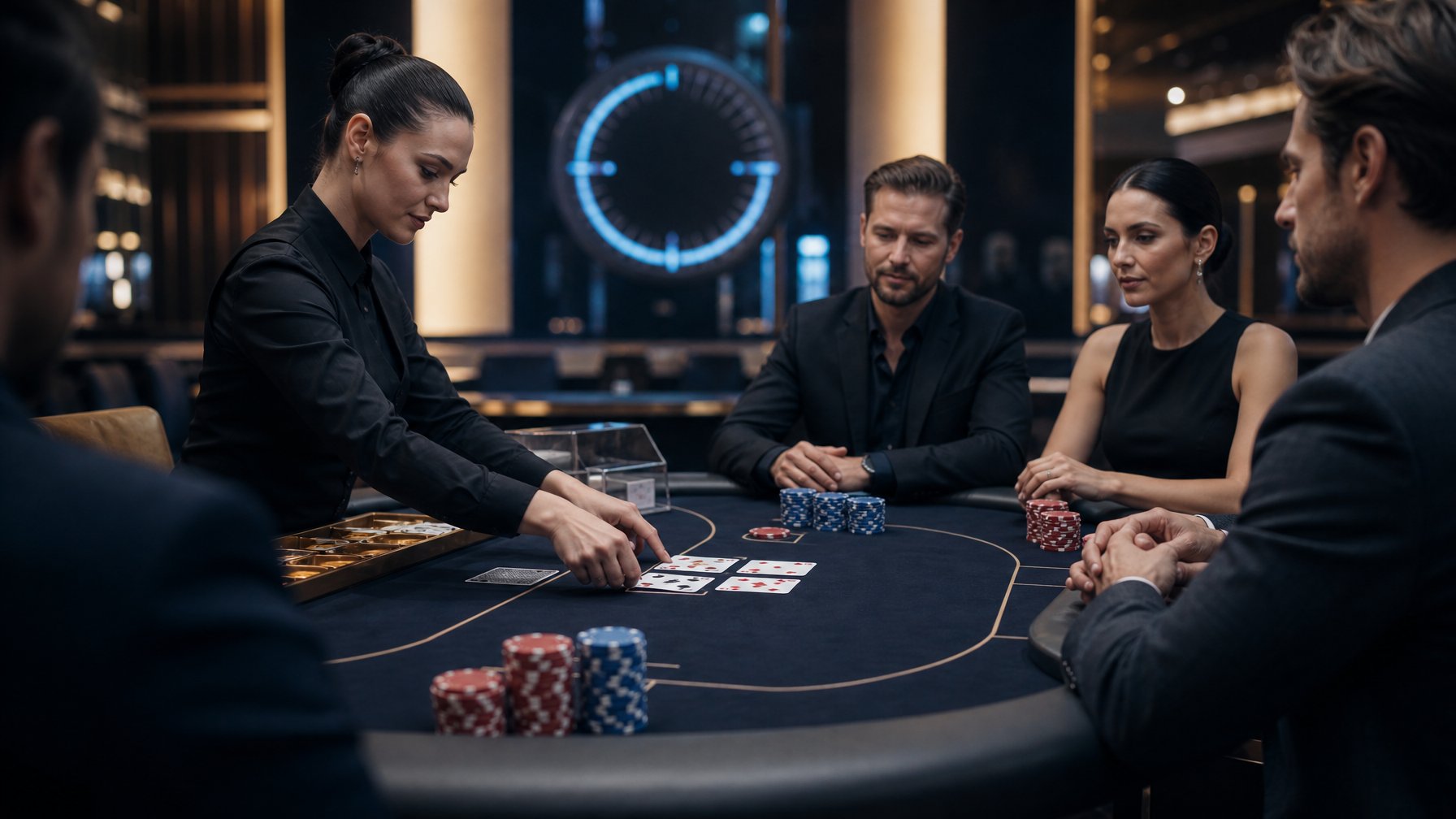 Dealer dan pemain mengamati meja Speed Baccarat dengan kartu dan keping taruhan yang tertata.