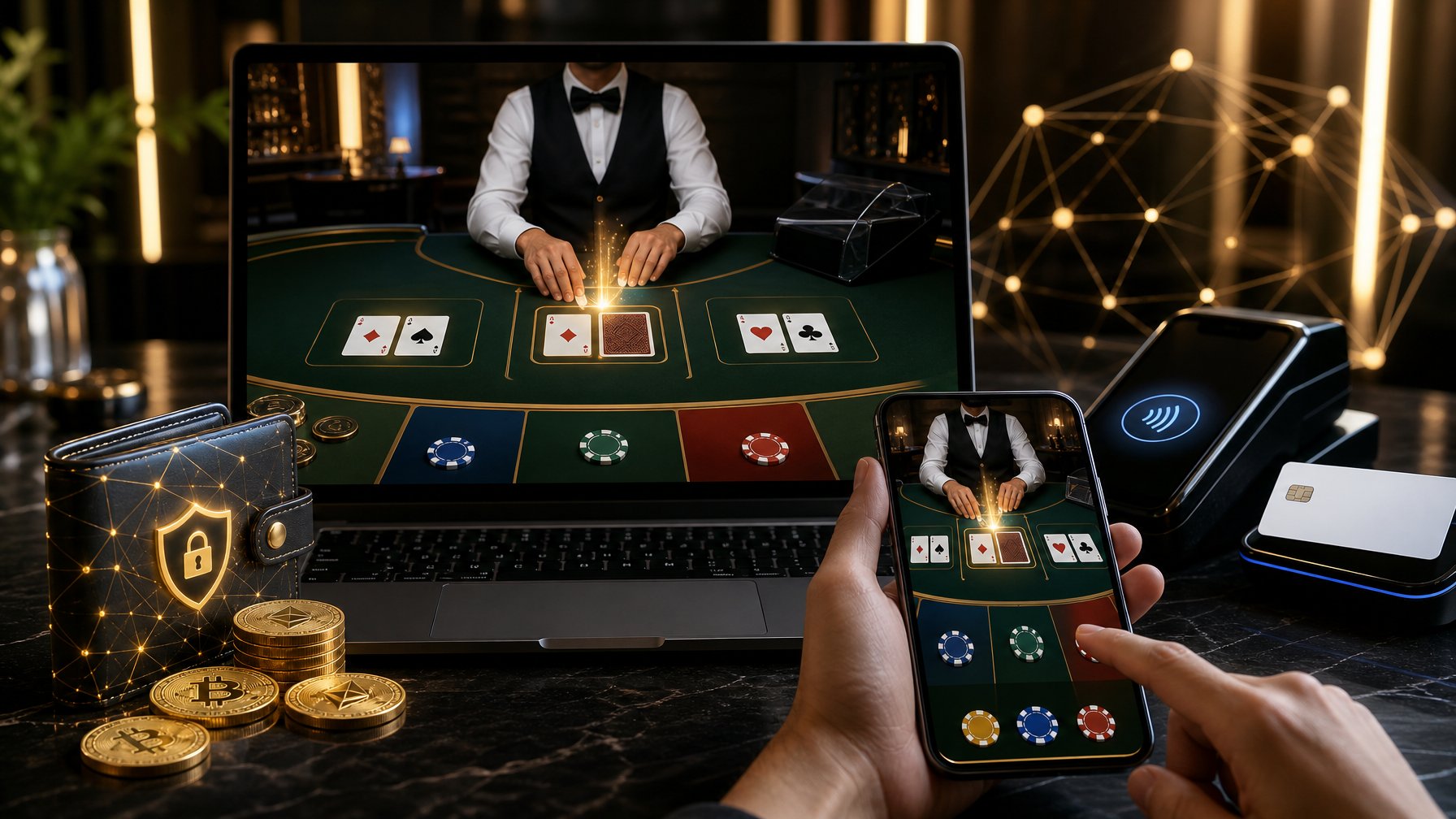 Laptop dan ponsel menampilkan permainan baccarat daring dengan simbol pembayaran kripto dan dompet elektronik.