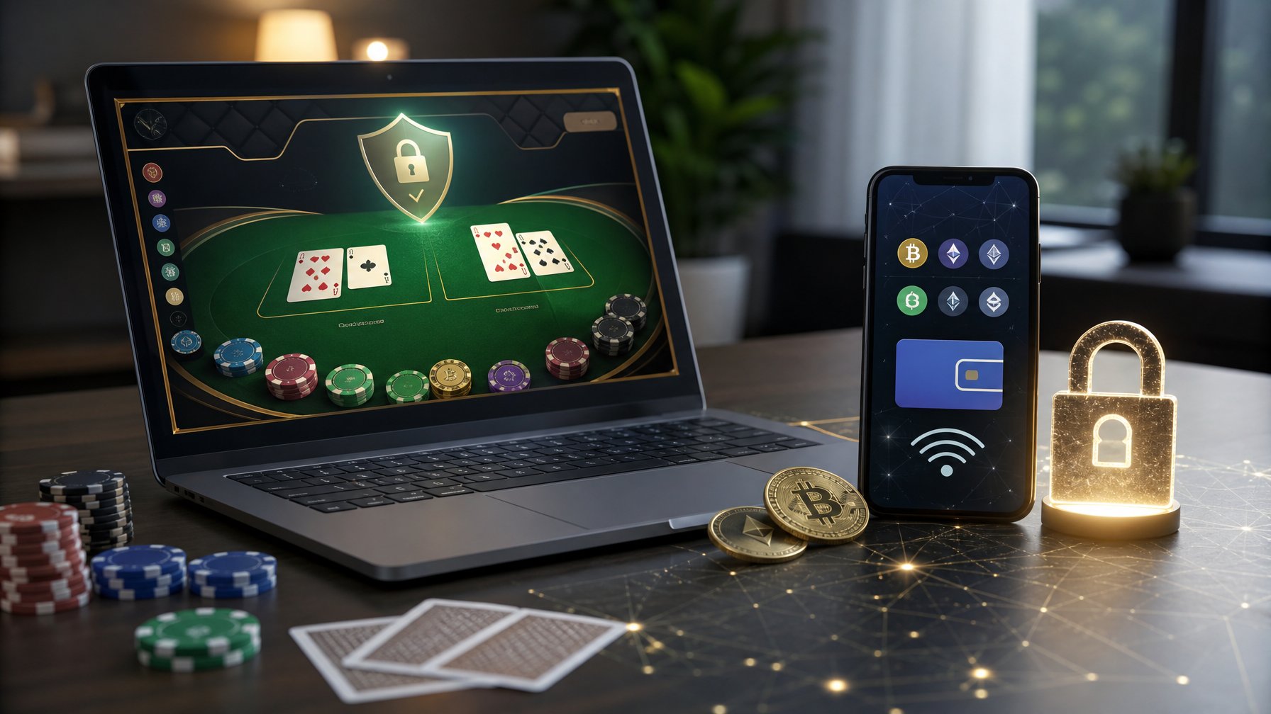 Laptop menampilkan permainan baccarat abstrak dengan simbol keamanan, dompet kripto, dan pembayaran elektronik di sampingnya.