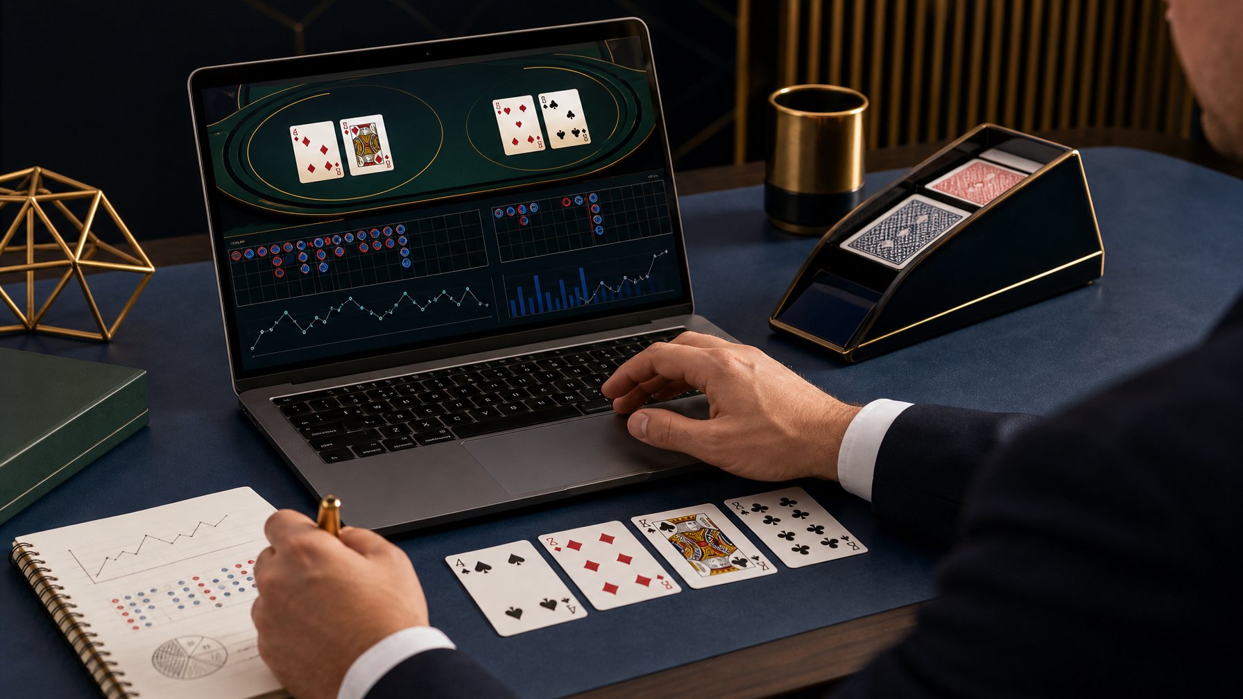 Meja kerja modern dengan laptop, kartu baccarat, dan elemen grafik analisis.