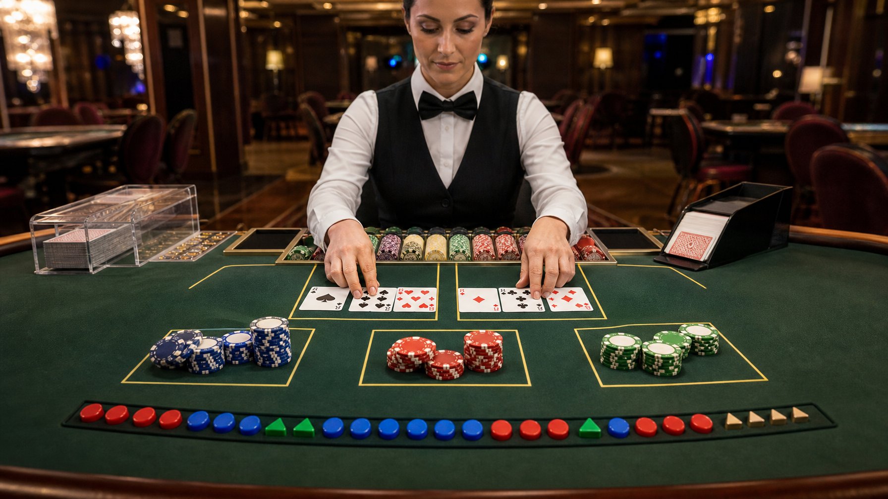 Dealer menata kartu dan chip di meja baccarat dengan penanda pola permainan.