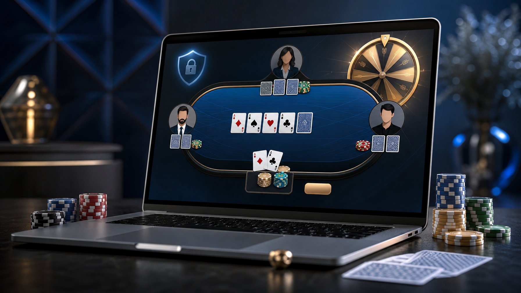 Laptop menampilkan permainan poker online dengan kartu, chip, dan indikator jackpot bercahaya.