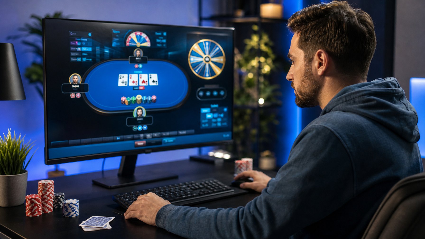 Pemain mengikuti turnamen poker online cepat melalui komputer di ruang kerja modern.