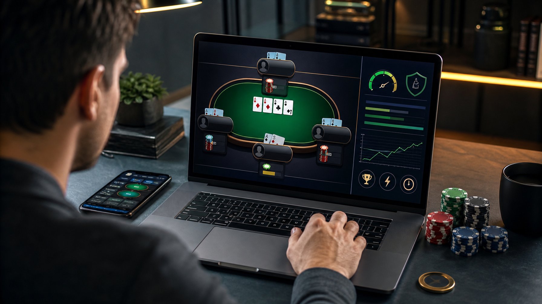 Seseorang menilai platform turnamen poker cepat melalui laptop dengan meja poker digital dan tumpukan chip.