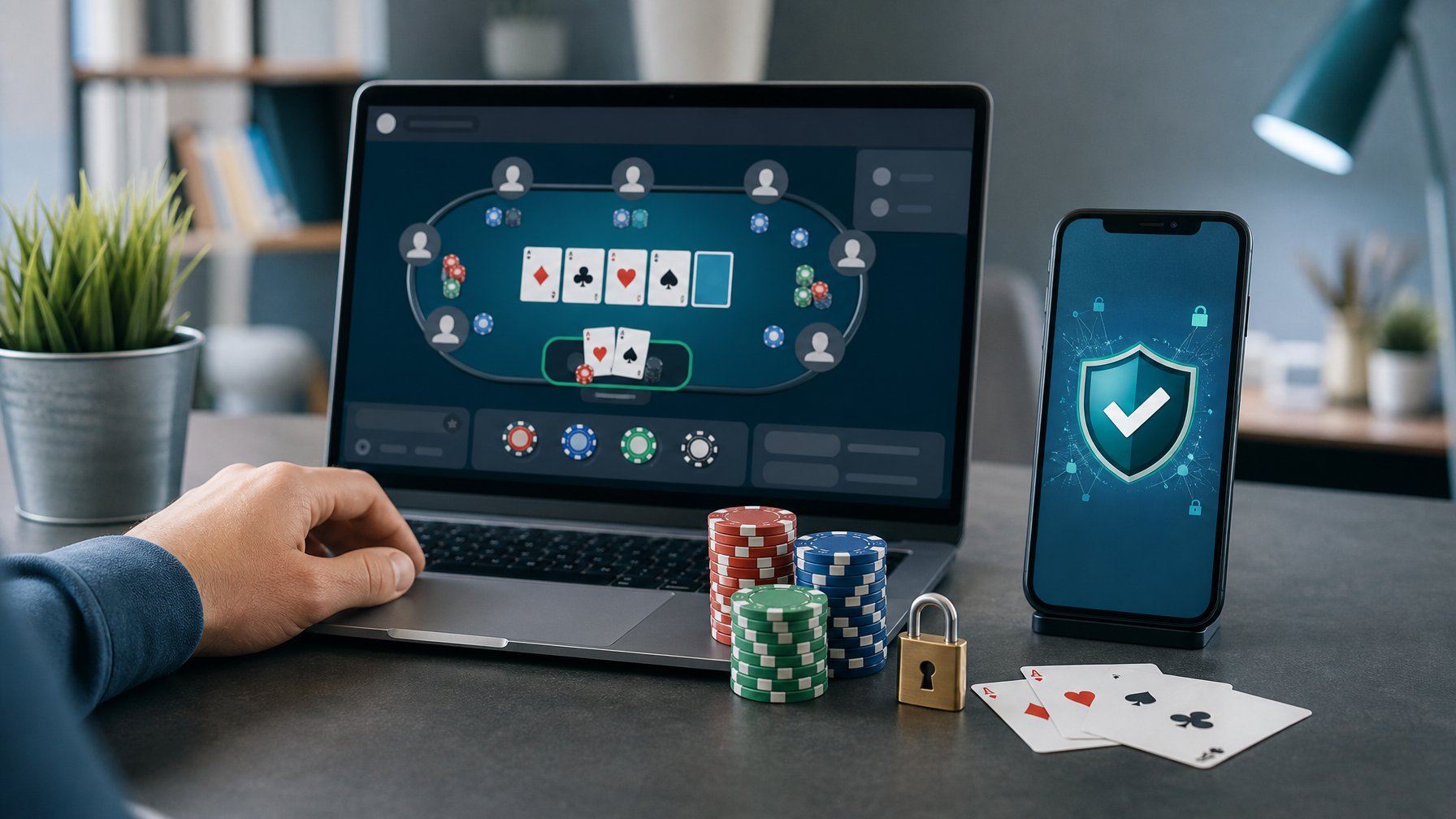 Laptop dan ponsel menampilkan simbol keamanan di samping kartu serta keping poker pada meja kerja modern.