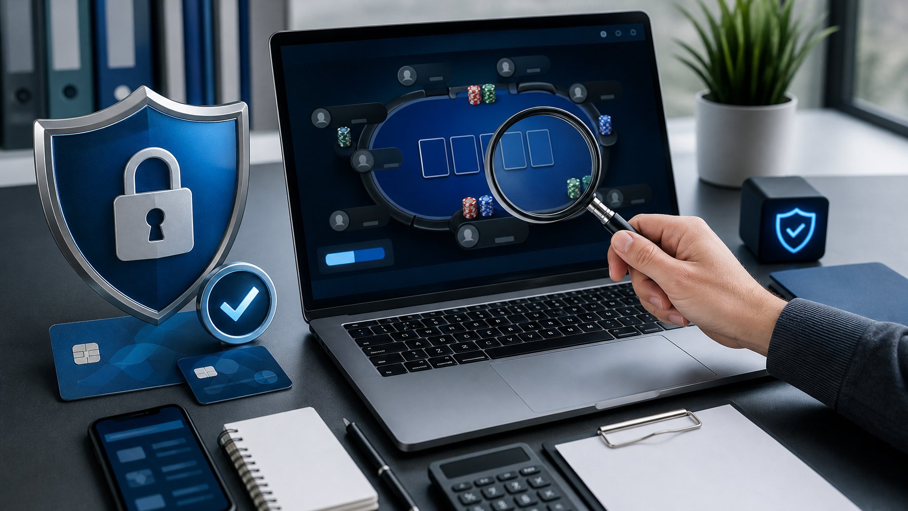 Laptop dengan antarmuka poker daring abstrak, ikon perisai dan gembok, serta dokumen kosong di meja kerja.