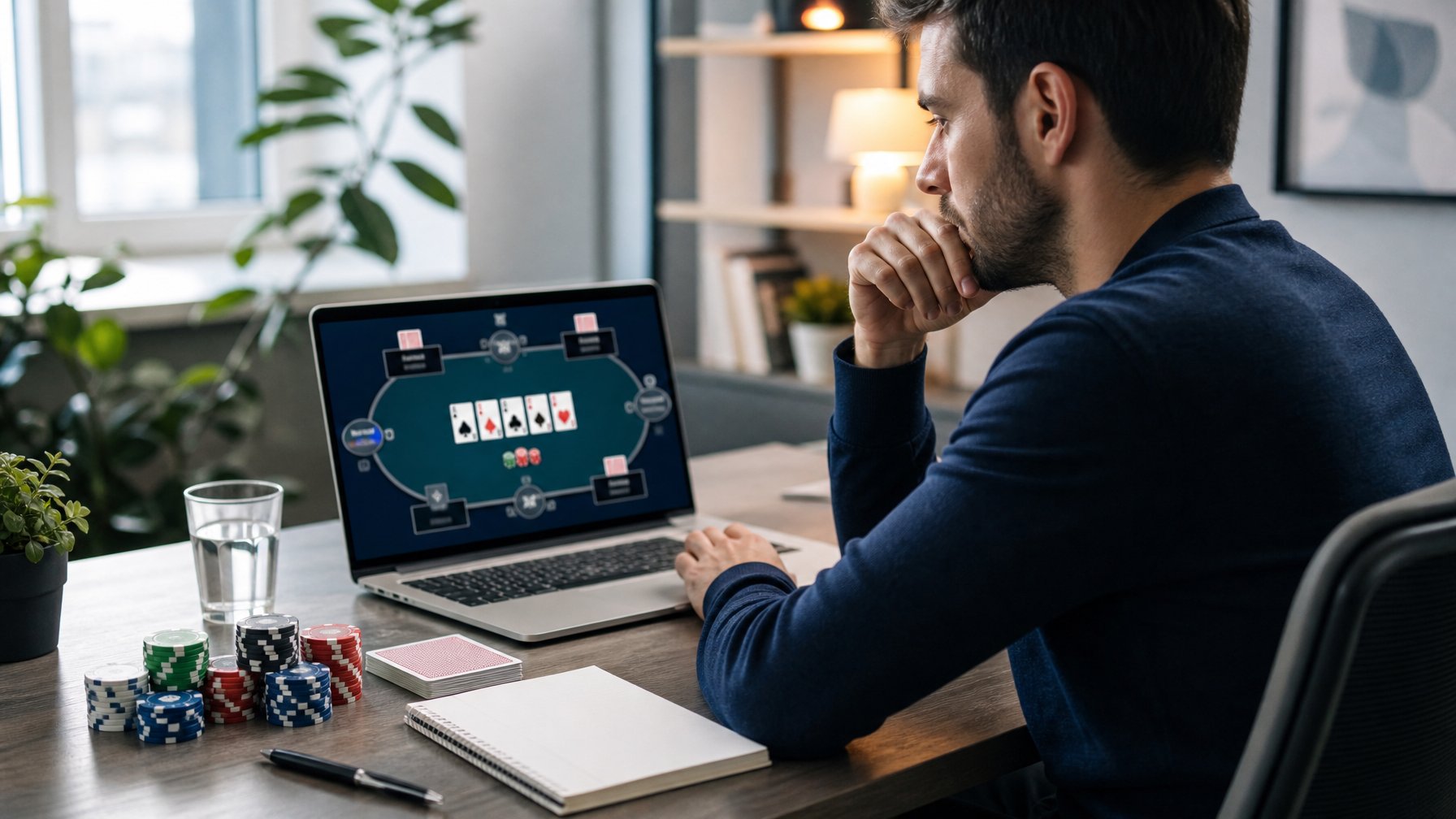 Pemula mempelajari strategi poker online di depan laptop dengan kartu dan keping poker di meja.