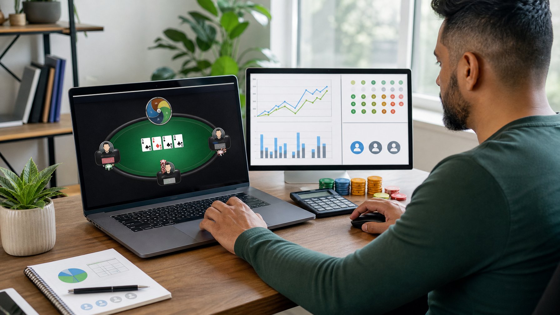 Pemain dewasa mempelajari strategi poker online dan mengatur anggaran permainan di ruang kerja modern.