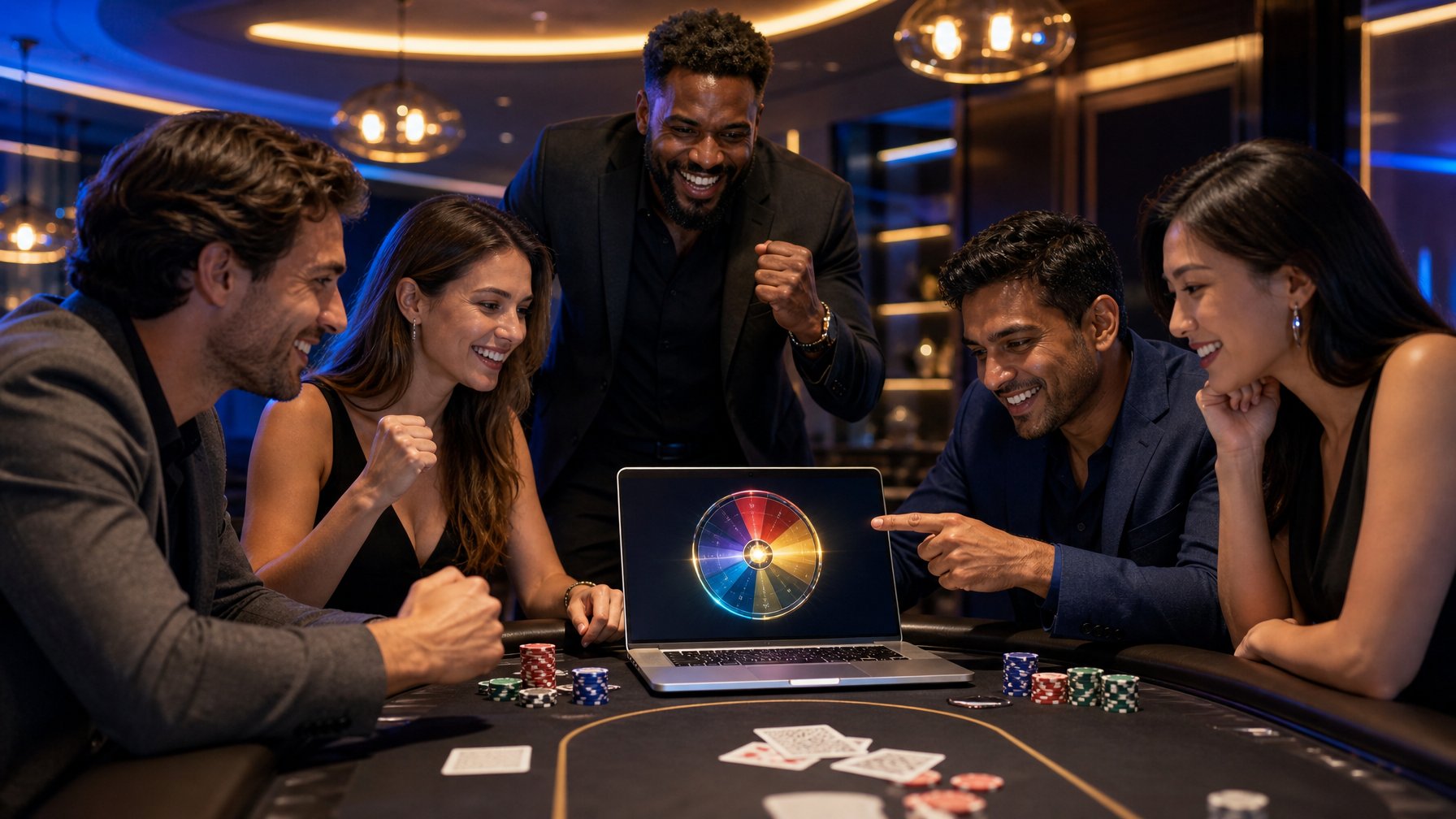 Sekelompok orang dewasa bermain poker online di ruang permainan modern dengan laptop dan meja berisi kartu serta keping poker.