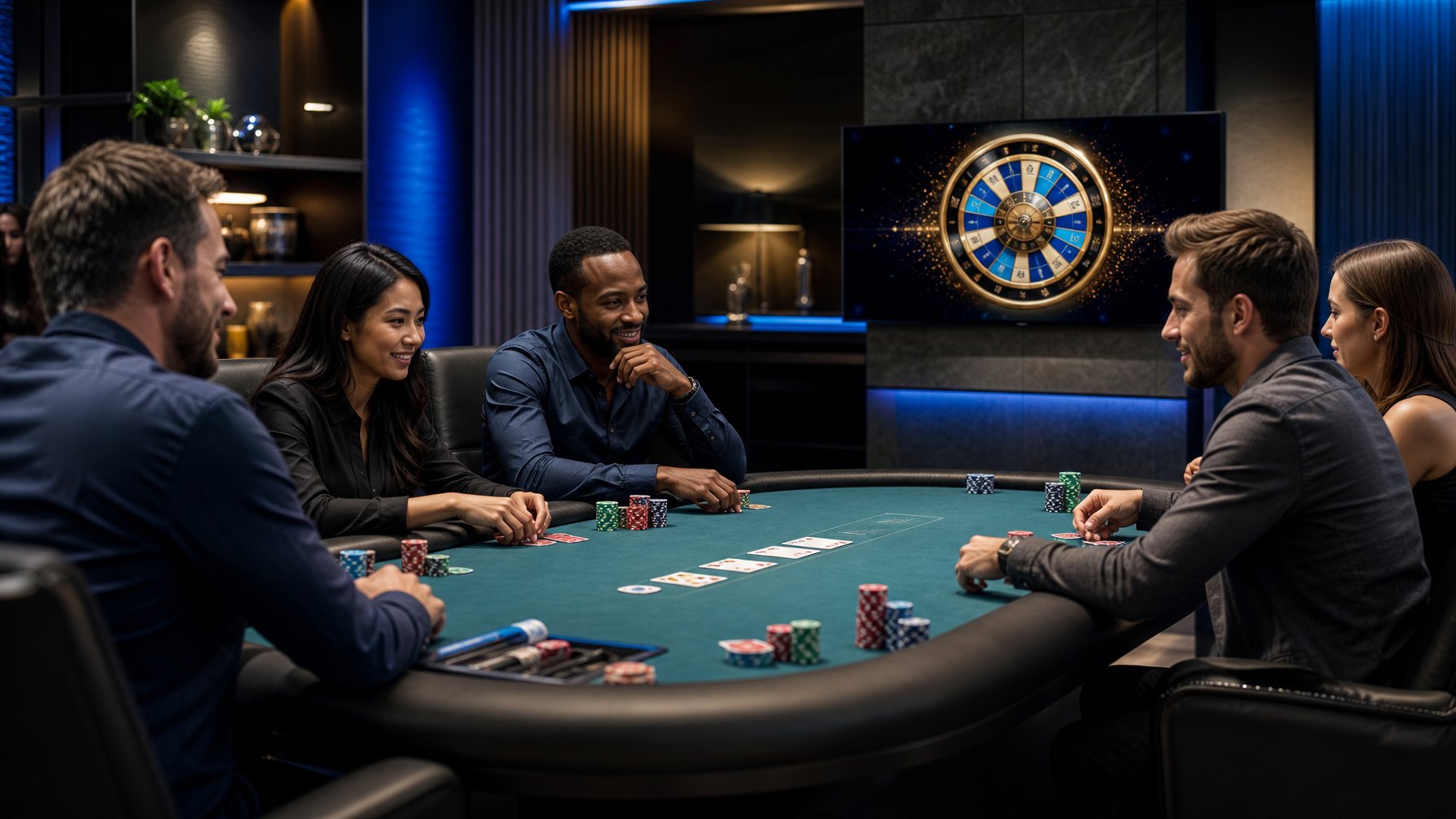Sekelompok pemain dewasa menikmati permainan poker dengan kartu, chip, dan layar roda hadiah di lingkungan modern.