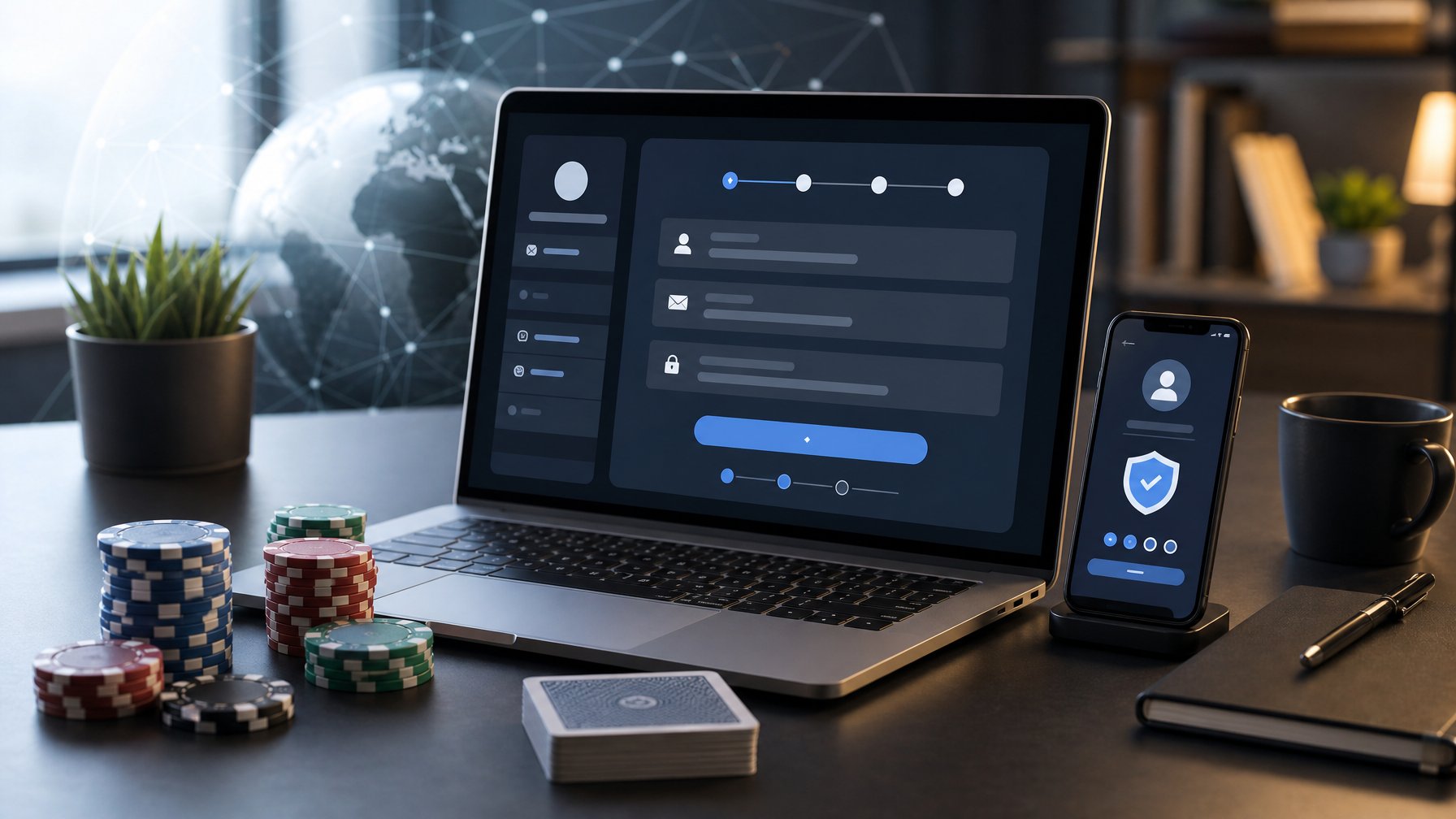 Laptop dan ponsel menampilkan formulir akun daring dengan chip poker dan kartu remi di meja kerja.