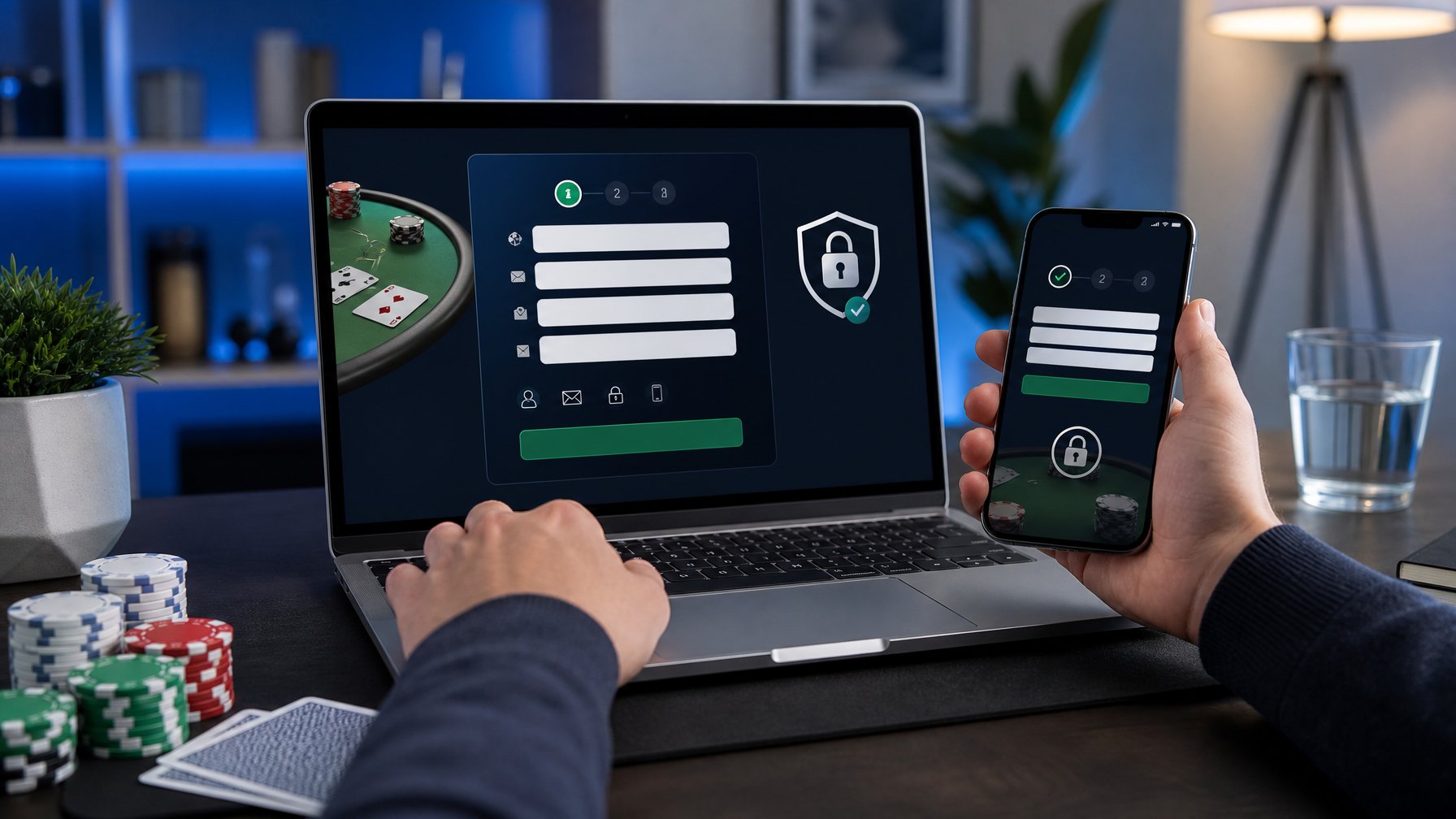 Tangan pengguna menyiapkan pendaftaran akun poker online melalui laptop dan ponsel di meja kerja dengan kartu serta keping poker.