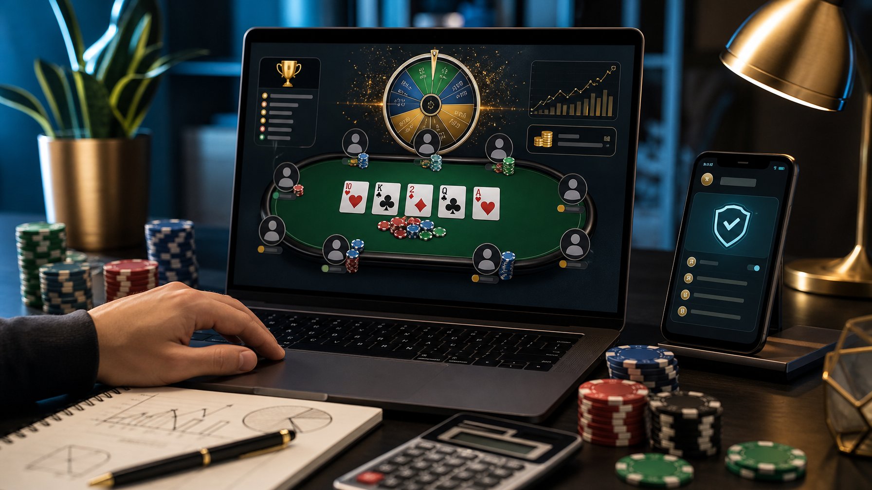 Meja kerja modern dengan layar poker digital, kartu, chip poker, dan tampilan turnamen online.