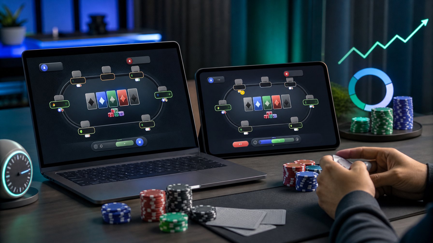 Perangkat digital menampilkan antarmuka poker abstrak dengan kartu, chip, dan indikator turnamen di atas meja modern.