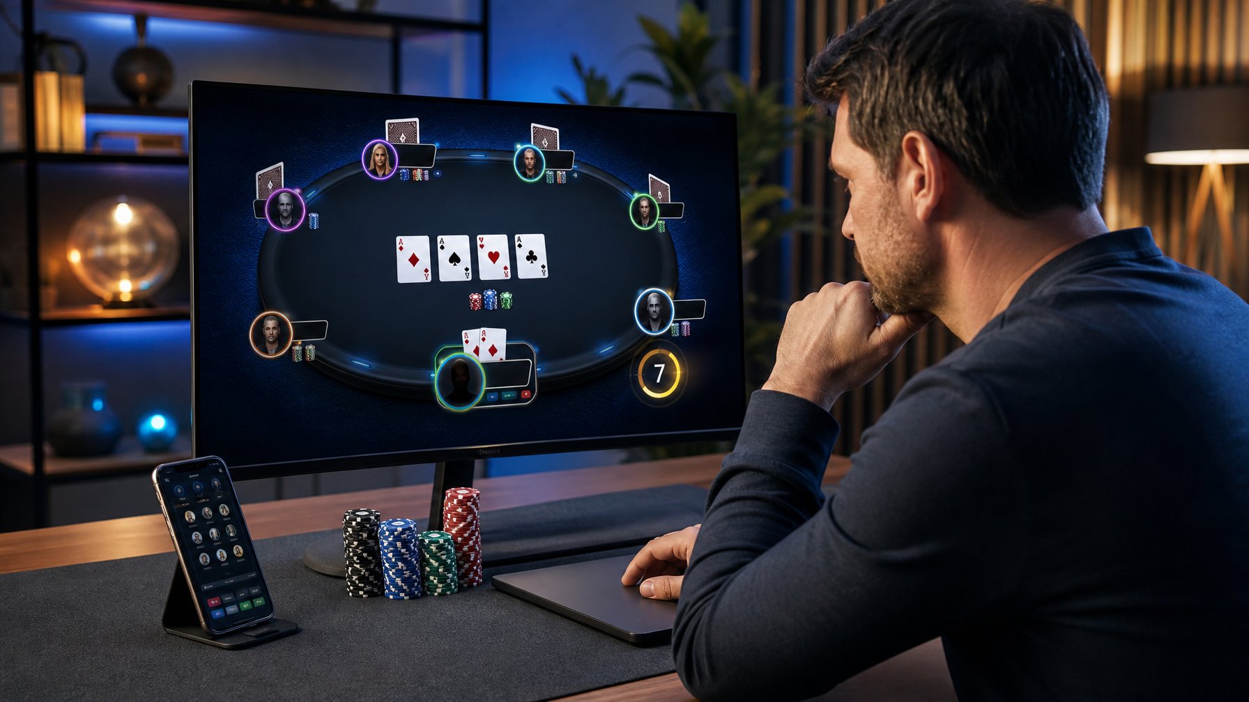 Pemain dewasa fokus bermain poker digital dengan meja poker dan keping taruhan di layar komputer.