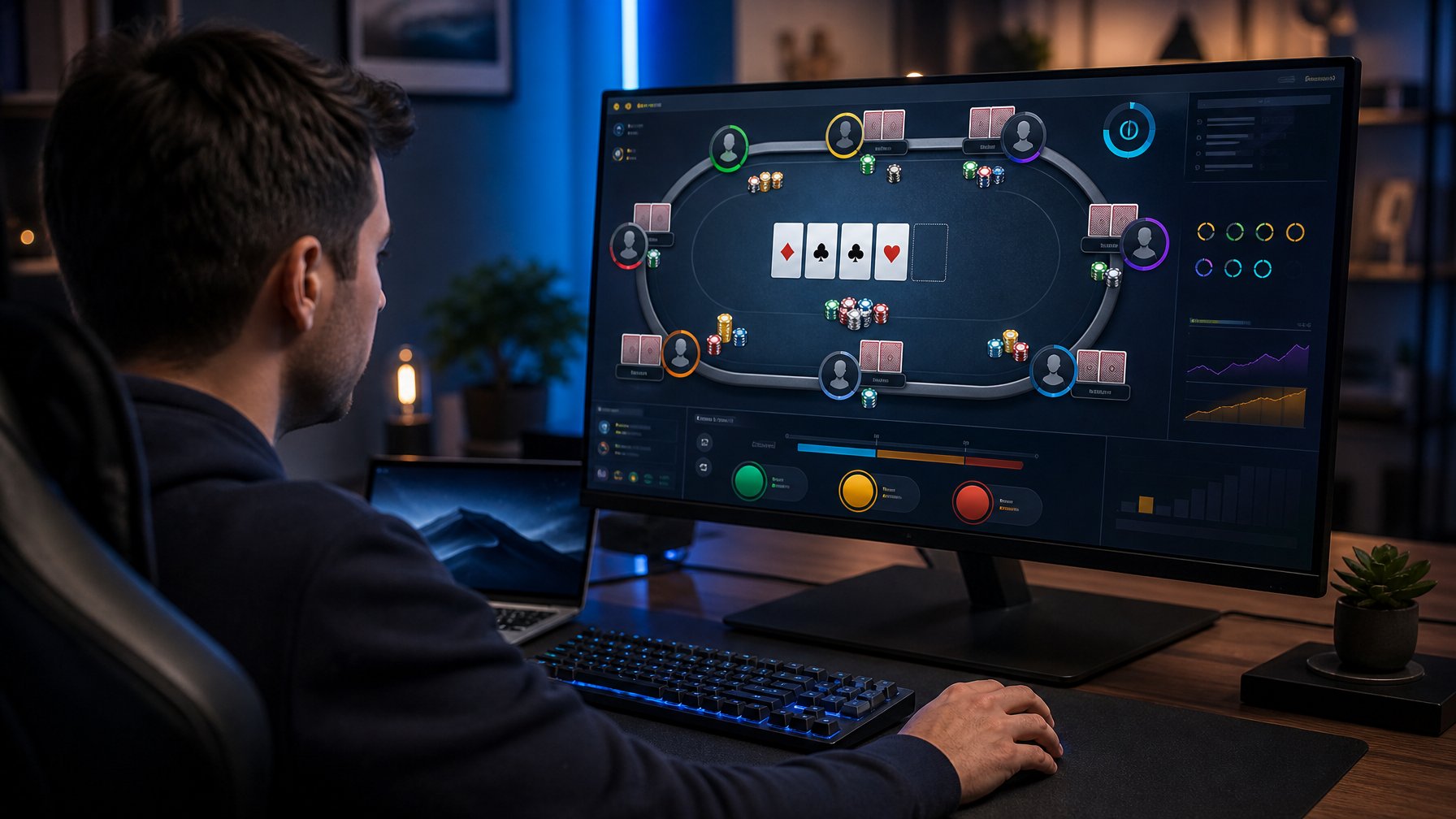 Pemain fokus mengikuti turnamen poker online cepat melalui monitor di meja gaming modern.