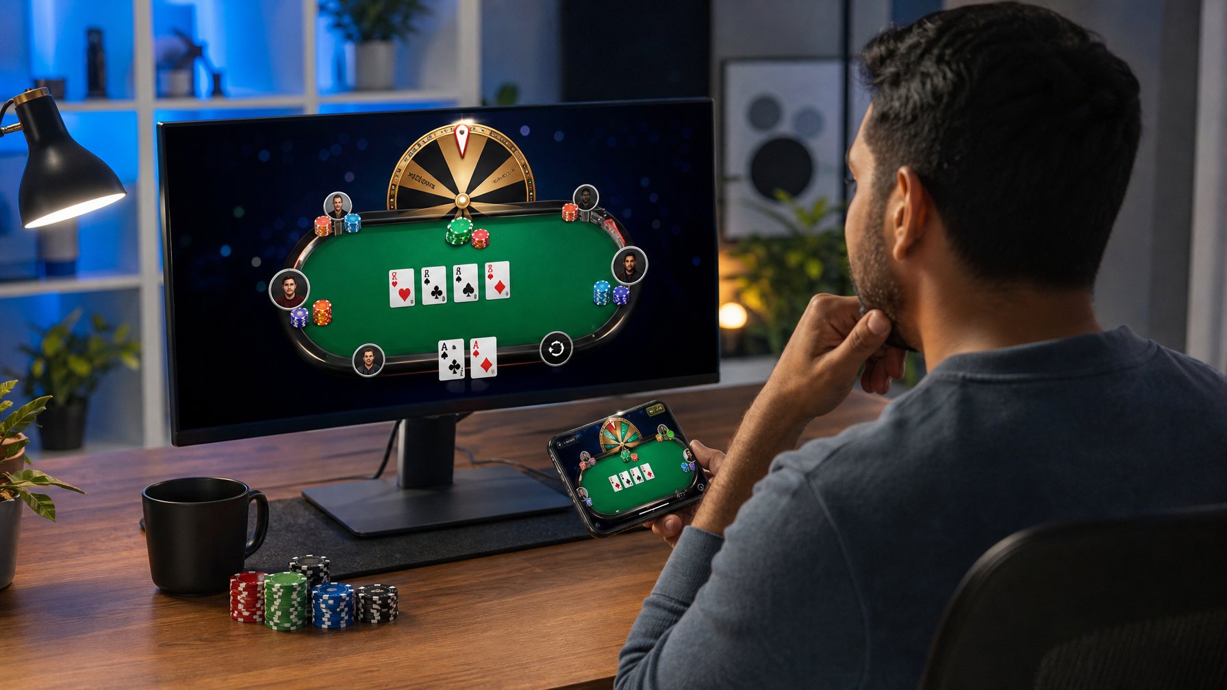 Orang dewasa memainkan poker online melalui komputer dan ponsel di ruang kerja modern.