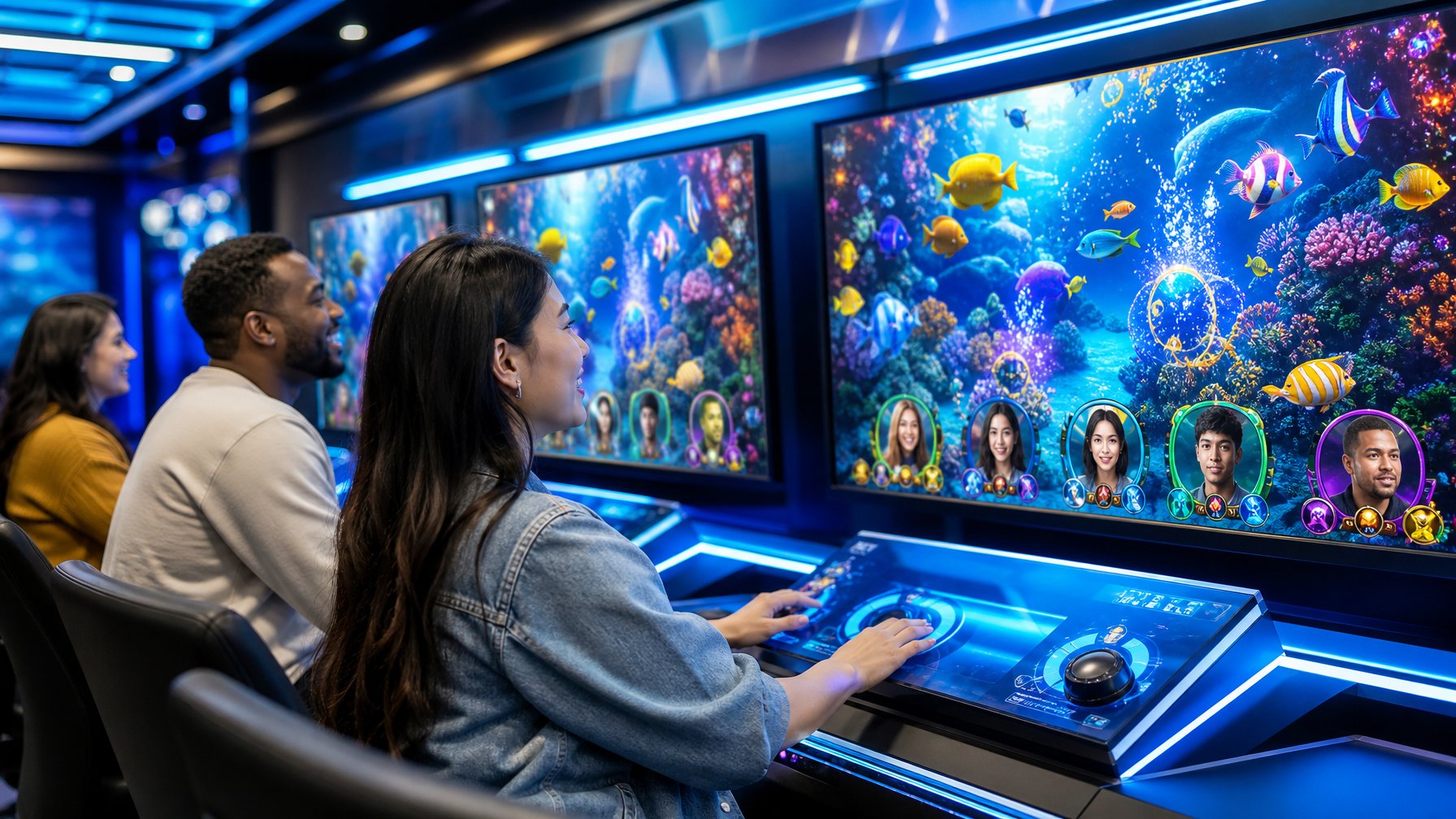 Sekelompok pemain dewasa menikmati permainan memancing ikan 3D multipemain di ruang permainan modern.