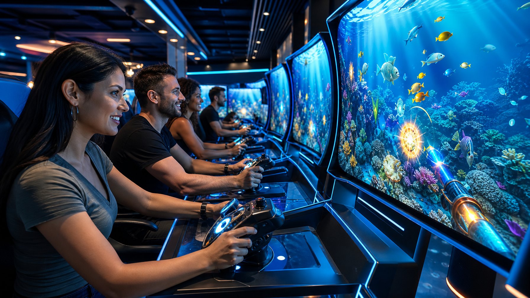 Beberapa orang dewasa bermain gim bawah laut 3D bersama di ruang permainan modern.