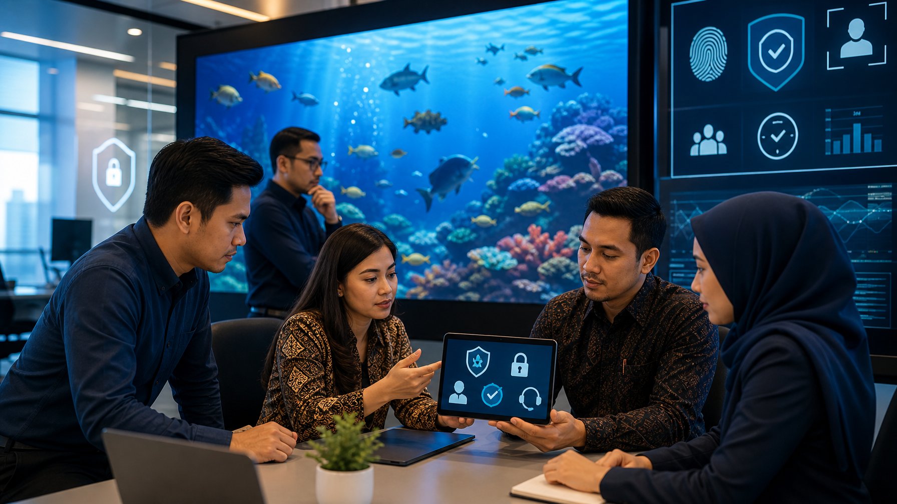 Tim profesional memeriksa keamanan dan perlindungan pemain pada platform permainan ikan 3D.