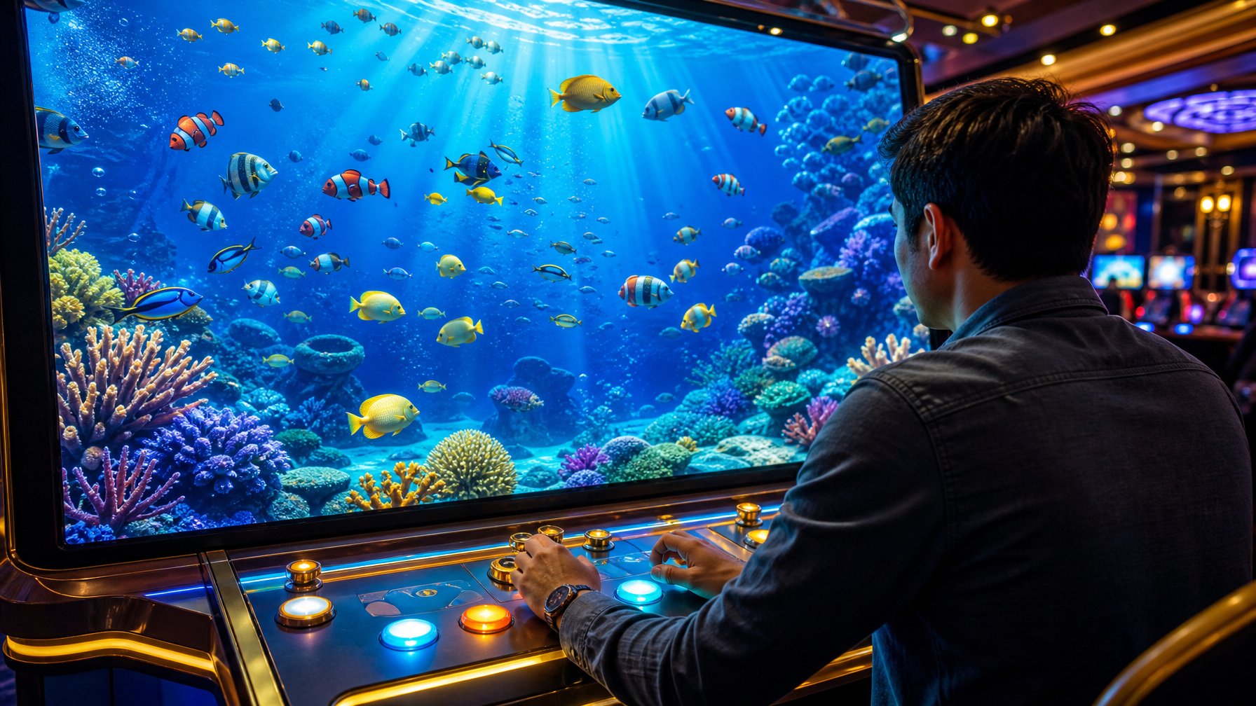 Seorang pemain mengamati permainan menembak ikan 3D di mesin arkade dengan latar bawah laut berwarna-warni.
