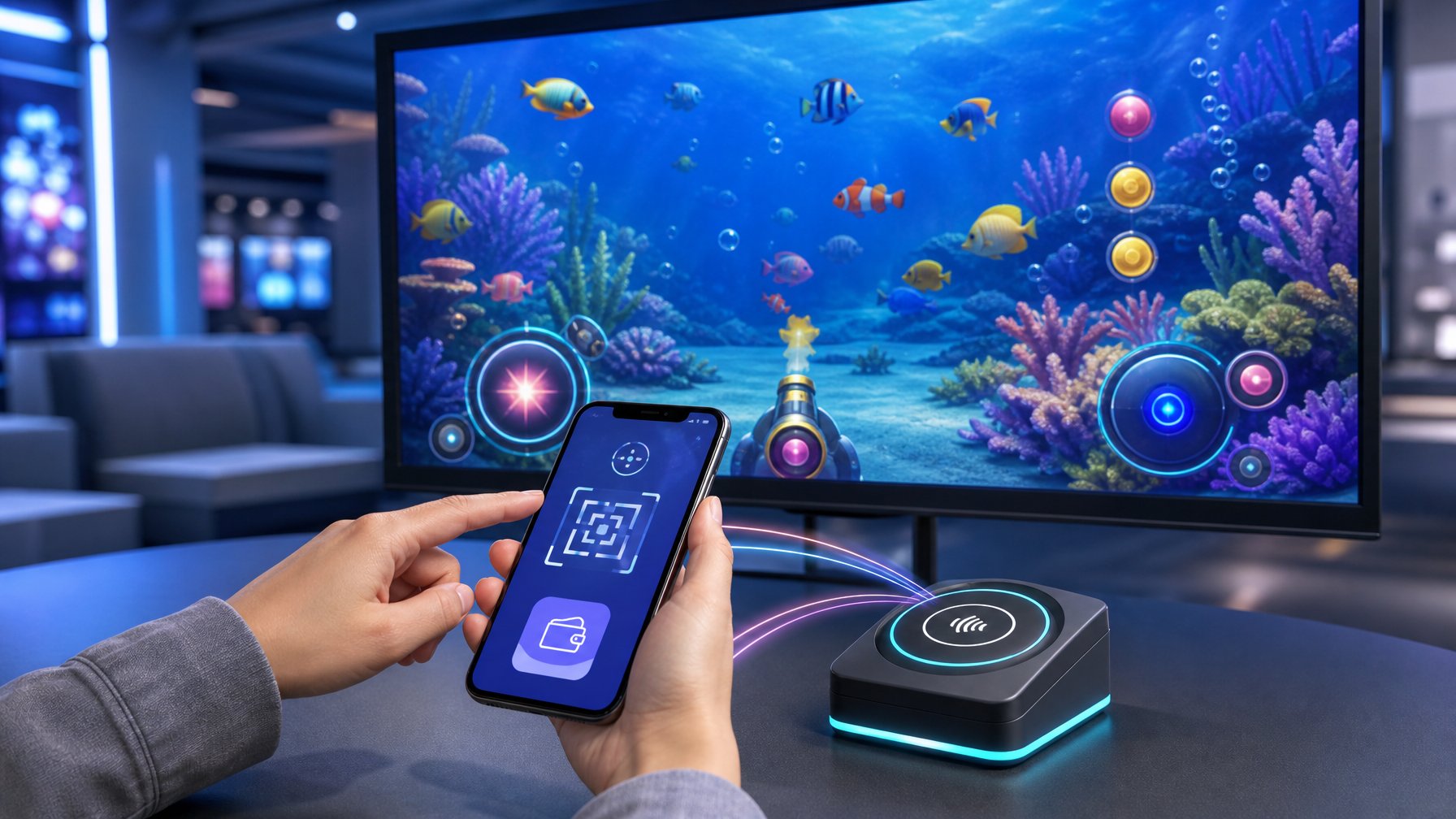 Seseorang menggunakan ponsel untuk pembayaran digital di depan layar permainan tembak ikan bertema bawah laut.