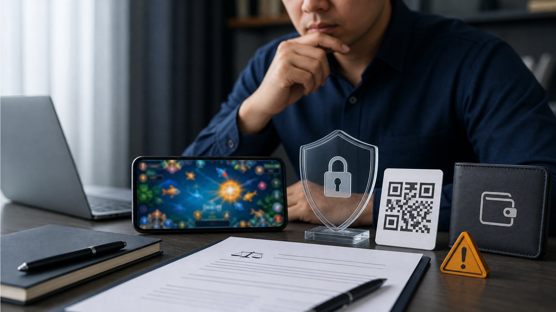 Seorang profesional meninjau ponsel, kode pembayaran, dokumen hukum, dan simbol keamanan digital di meja kerja.