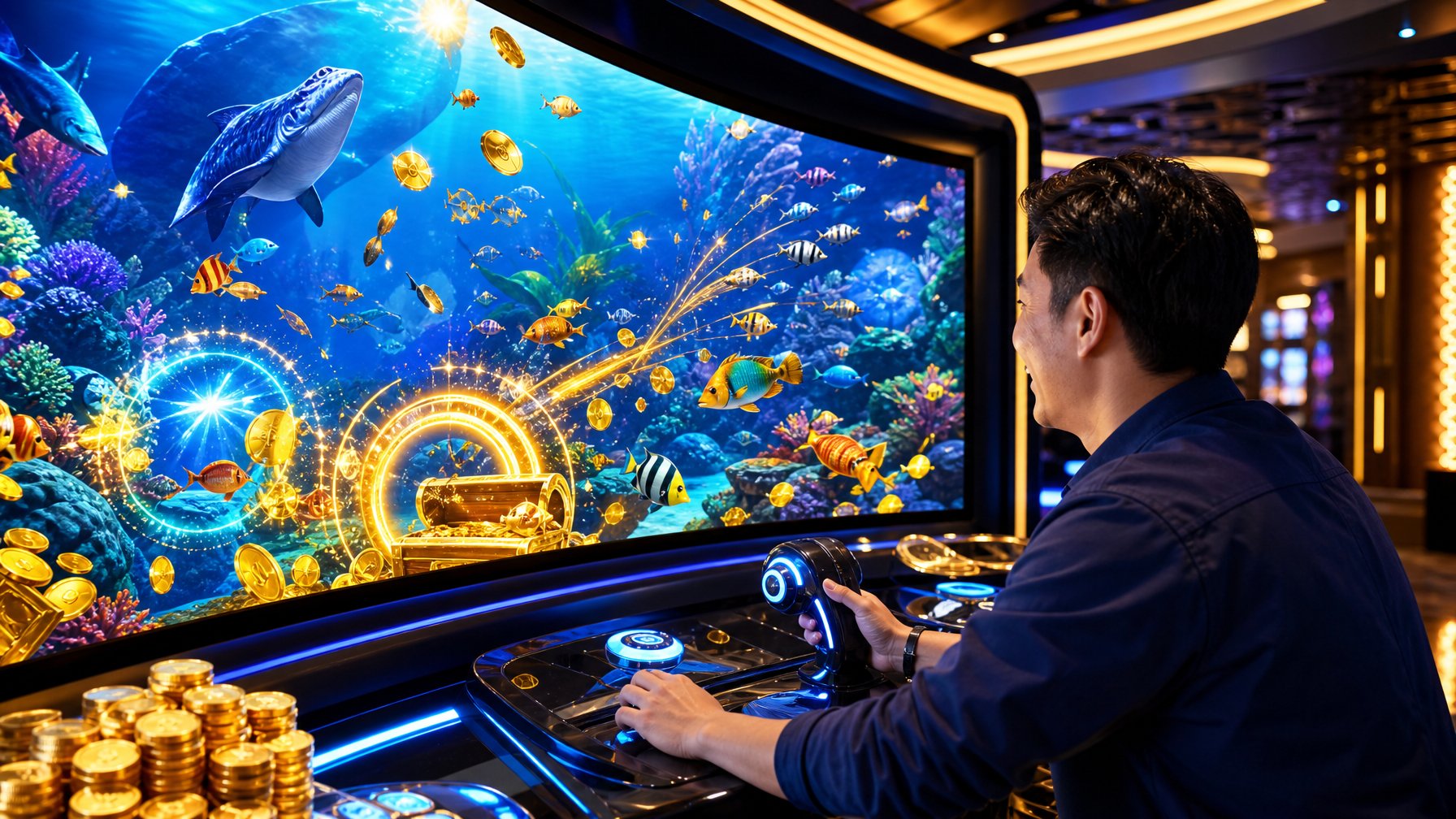 Orang dewasa memainkan permainan arcade bertema ikan dengan tampilan bawah laut berwarna-warni dan efek koin bercahaya.