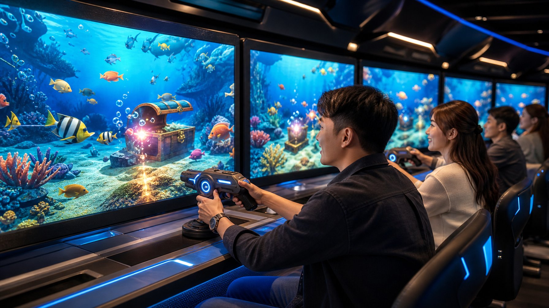 Pemain dewasa menikmati permainan menembak ikan 3D di ruang hiburan digital dengan layar bawah laut berwarna-warni.