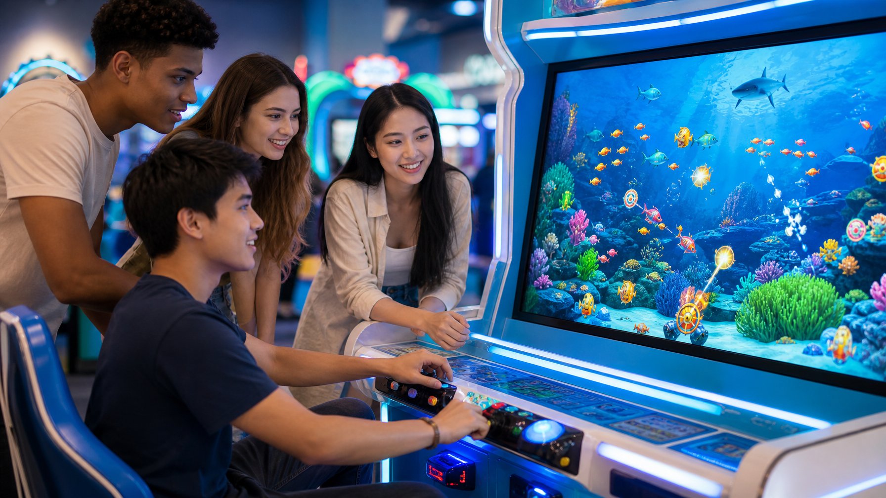 Pemain pemula mencoba permainan tembak ikan bergaya arcade di ruang hiburan modern sementara teman-temannya memperhatikan.