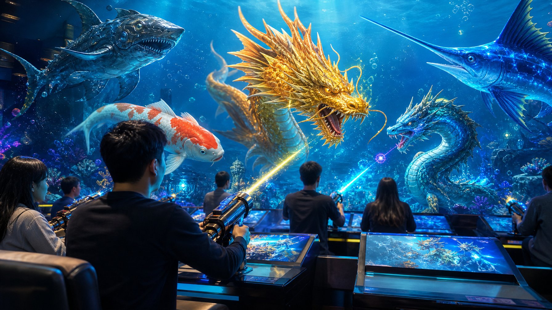 Suasana arcade dengan layar permainan bawah laut yang menampilkan berbagai ikan bos berwarna-warni.