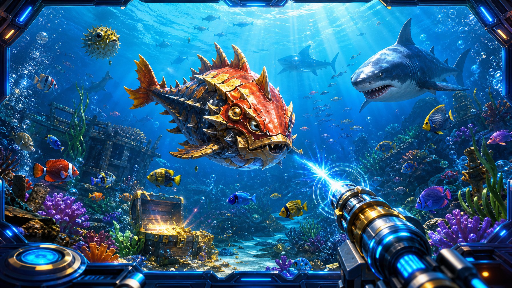 Pemandangan bawah laut dengan berbagai ikan berwarna-warni dan ikan bos besar dalam suasana permainan tembak ikan 3D.