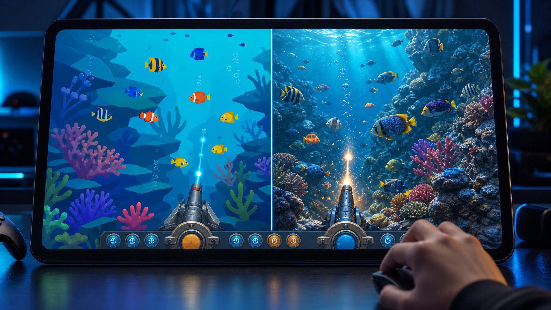 Tampilan permainan menembak ikan yang membandingkan grafis datar 2D dengan visual tiga dimensi 3D.
