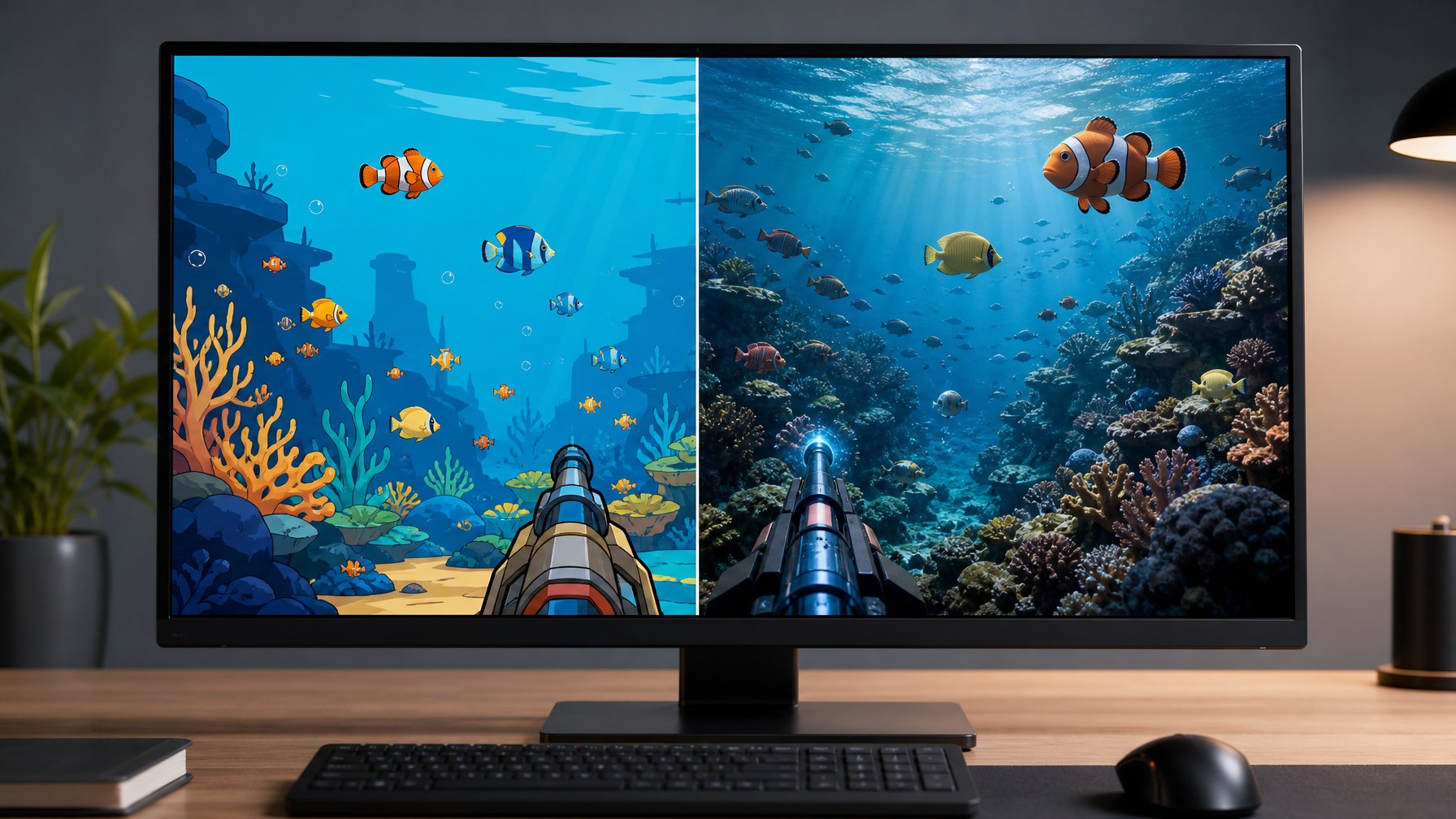 Monitor menampilkan perbandingan visual grafis 2D datar dan grafis 3D bawah laut dalam permainan tembak ikan.