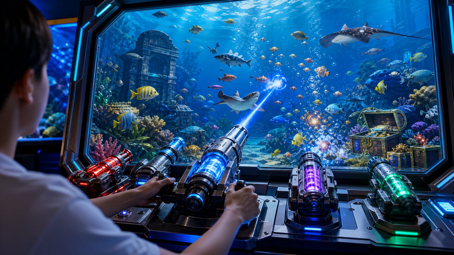 Pemain menggunakan perangkat permainan menembak ikan dengan berbagai senjata virtual di lingkungan akuarium bawah laut 3D.