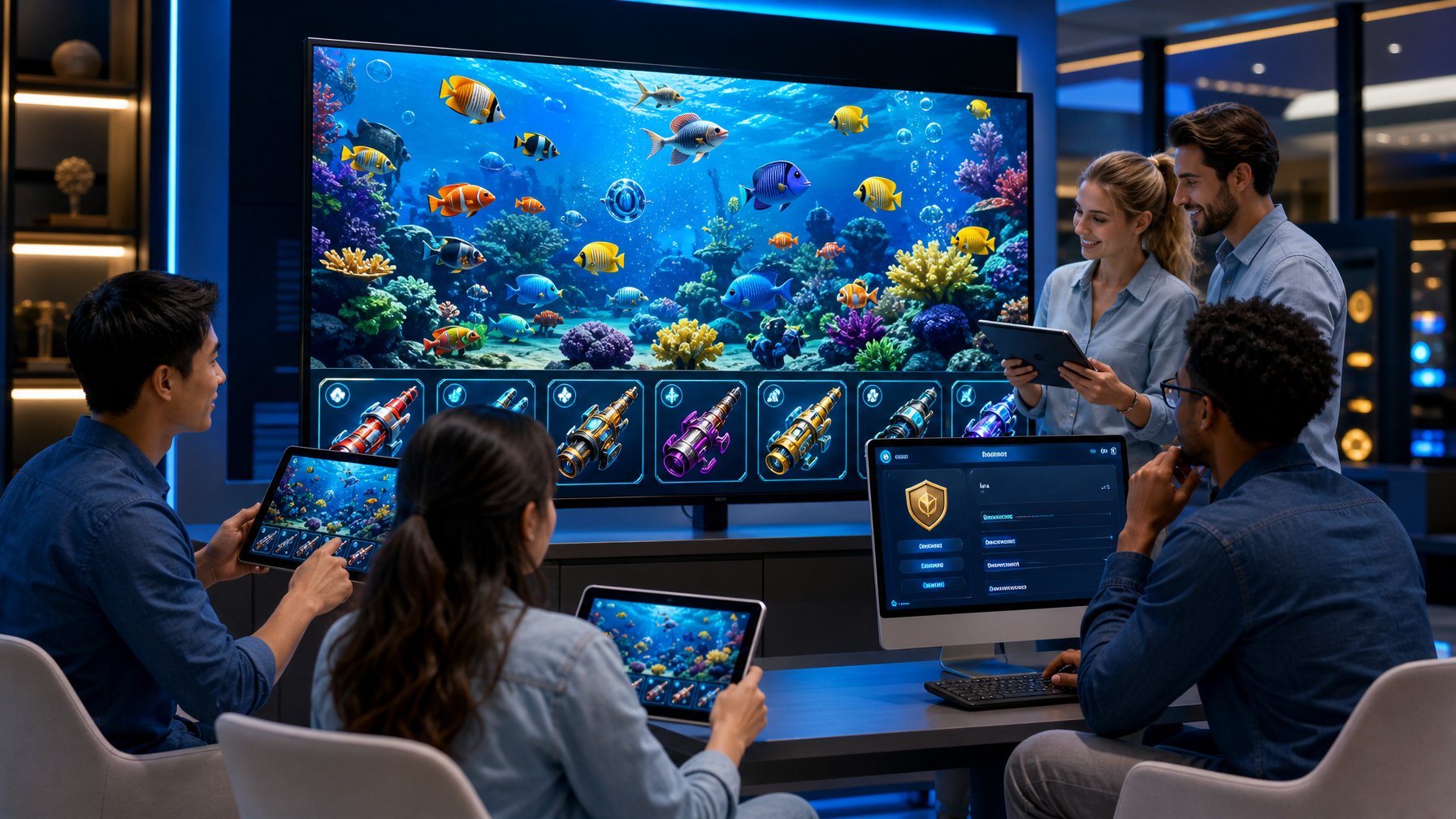 Orang dewasa membandingkan fitur permainan tembak ikan 3D di ruang permainan modern.